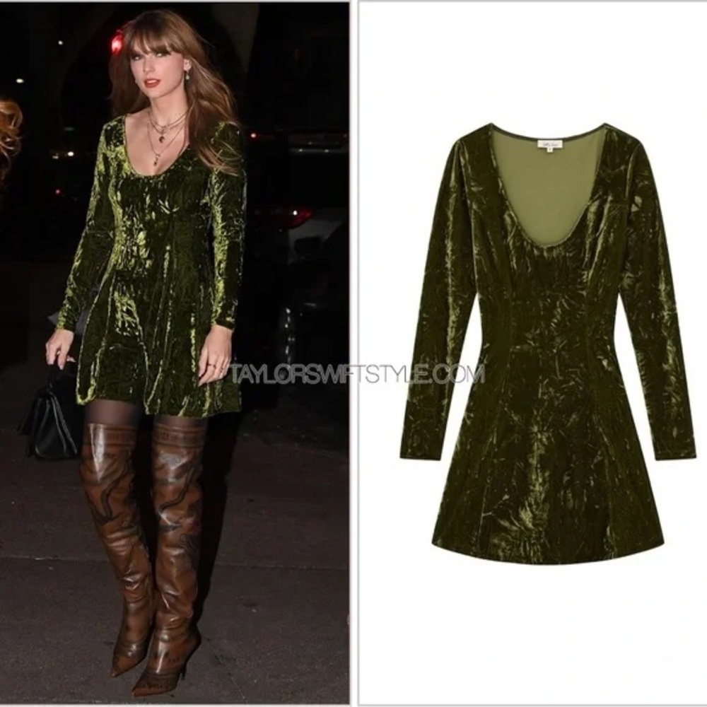 ASO Taylor Swift Size 4 Little Lies Green Sweet Jane Olive Crushed Mini Dress